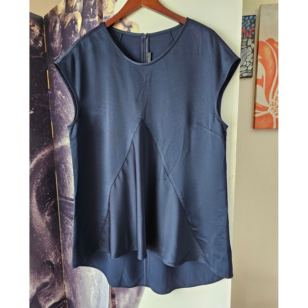 St John Navy Blue Silk Blend High Low Sleeveless Shell Blouse Top Large YJ01